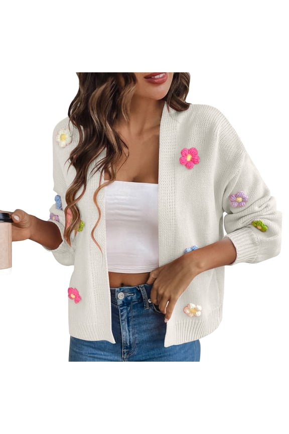 Cute Cropped Cardigan Sweaters for Women Boho Crochet Floral Embroidery Loose Open Front Knit Sweater Outwear Long Sleeve Soft Comfortable Warm Knitted Cardigans Outwear White XL