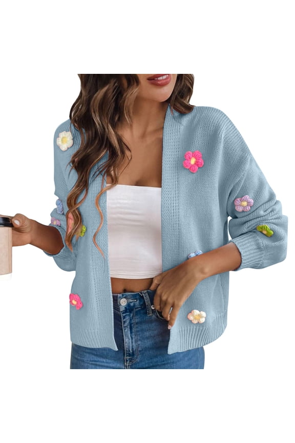 Cute Cropped Cardigan Sweaters for Women Boho Crochet Floral Embroidery Loose Open Front Knit Sweater Outwear Long Sleeve Soft Comfortable Warm Knitted Cardigans Outwear Blue M