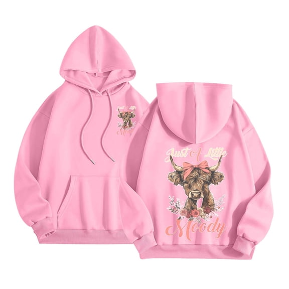 Arlun Cute Highland Cow Hoodies Sweatshirt for Women Funny Letter Printed Drawstring Pullovers Long Sleeve Loose Fit Casual Comfort Graphic Print Hooded Tops with Pockets 2-Pink XXL