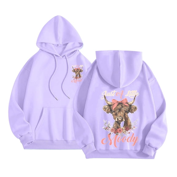 Arlun Cute Highland Cow Hoodies Sweatshirt for Women Funny Letter Printed Drawstring Pullovers Long Sleeve Loose Fit Casual Comfort Graphic Print Hooded Tops with Pockets 2-Purple L