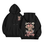 Arlun Cute Highland Cow Hoodies Sweatshirt for Women Funny Letter Printed Drawstring Pullovers Long Sleeve Loose Fit Casual Comfort Graphic Print Hooded Tops with Pockets 2-Black L