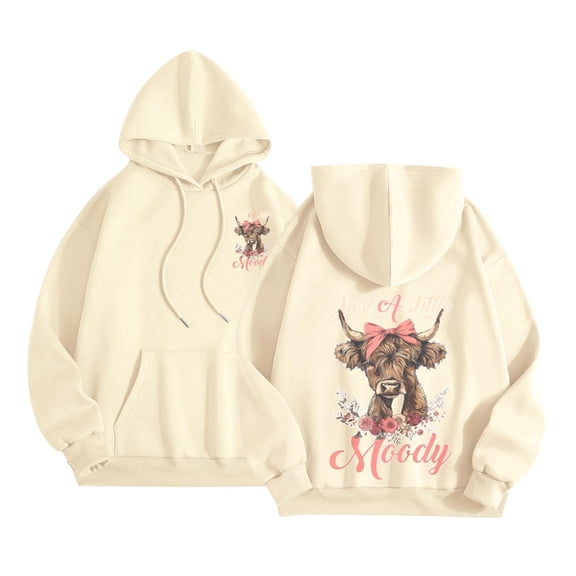 Arlun Cute Highland Cow Hoodies Sweatshirt for Women Funny Letter Printed Drawstring Pullovers Long Sleeve Loose Fit Casual Comfort Graphic Print Hooded Tops with Pockets 2-Beige L