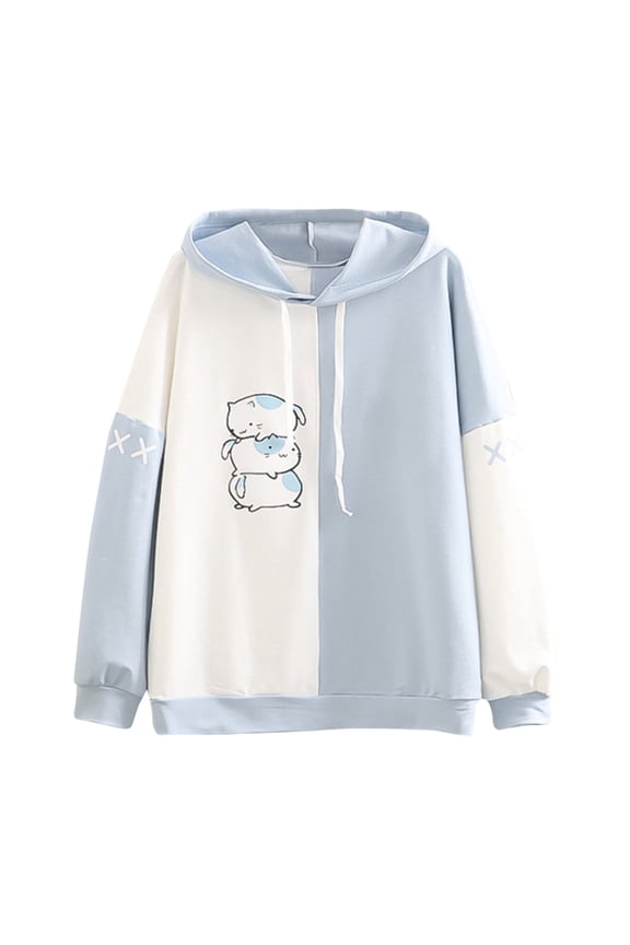 Cute Hoodies for Women Funny Animals Graphic Printed Solid Color Sweatshirts Casual Drop Shoulder Long Sleeve Loose Fit Comfortable Patchwork Pullovers Tops Blue L