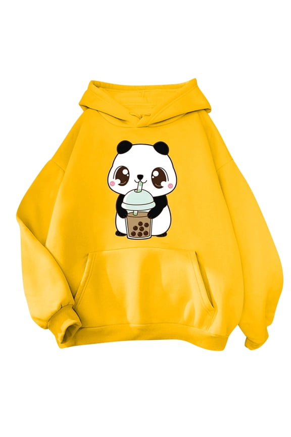 Cute Hoodies for Women Trendy Funny Animal Graphic Printed Plus Size Sweatshirts Long Sleeve Loose Fit Casual Soft Comfort Drawstring Hooded Pullovers with Pocket Yellow XL
