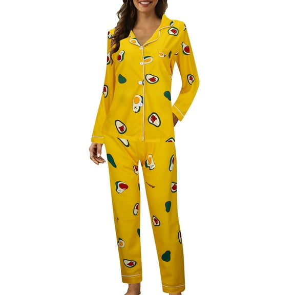 Arlun Cute Pajama Sets for Women Long Sleeve Sleepwear Button down Loungewear Soft 2 Piece Pjs Sets with Pockets Elastic Waisted Long Pants Thin Loose Comfy Pajamas Sets Yellow XXL