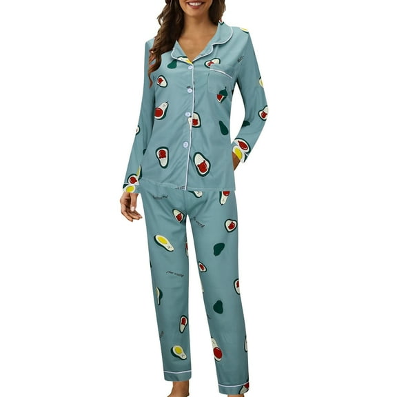 Arlun Cute Pajama Sets for Women Long Sleeve Sleepwear Button down Loungewear Soft 2 Piece Pjs Sets with Pockets Elastic Waisted Long Pants Thin Loose Comfy Pajamas Sets Dark Blue XXL