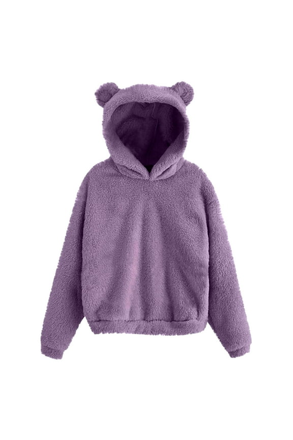 Cute Teddy Bear Ears Hoodies for Women Trendy Long Sleeve Soft Warm Winter Pullover Sweatshirts Oversized Solid Color Casual Comfy Hooded Tops 2025 Purple XL