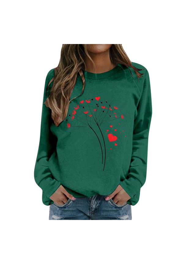 Dandelion Hearts Printed Valentine's Day Womens Sweatshirts Plus Size Crewneck Long Sleeve Holiday Tops Soft Comfortable Holiday Causal Workout Pullovers Green L