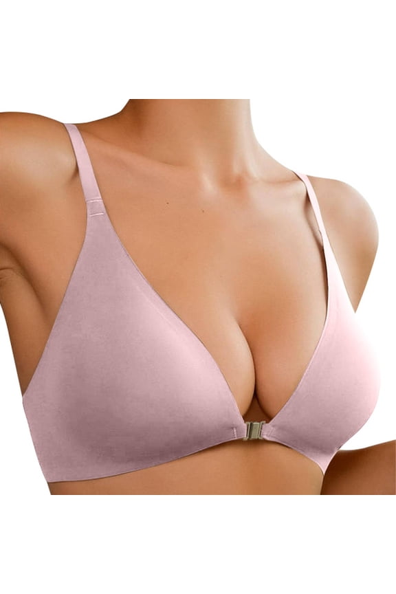 Deep V Front Hook Bras for Women Seamless Wireless T Shirt Bralettes Hides Back Beauty Back Smoothing Lightly Lined Soft Comfort Front Closure Bra Light Pink M