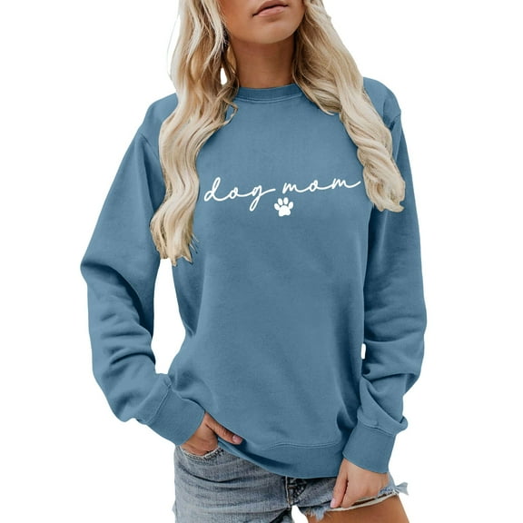 Arlun Dog Mom Sweatshirts Cute Paw Graphic and Letter Printed Pullovers Funny Mama Life Long Sleeve Sweatshirts Womens Crewneck Dog Lover Pullover Tops Blue L