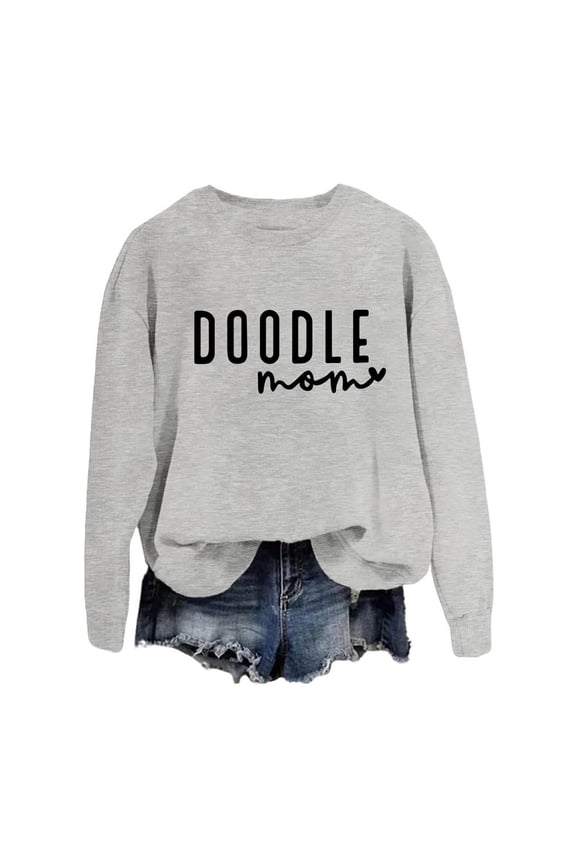 Doodle Mom Crewneck Sweatshirts Goldendoodle Mama Pullovers Funny Letter Printed Dog Mom Tops Womens Loose Comfort Casual Golden Doodle Owner Pullover Tops Grey L