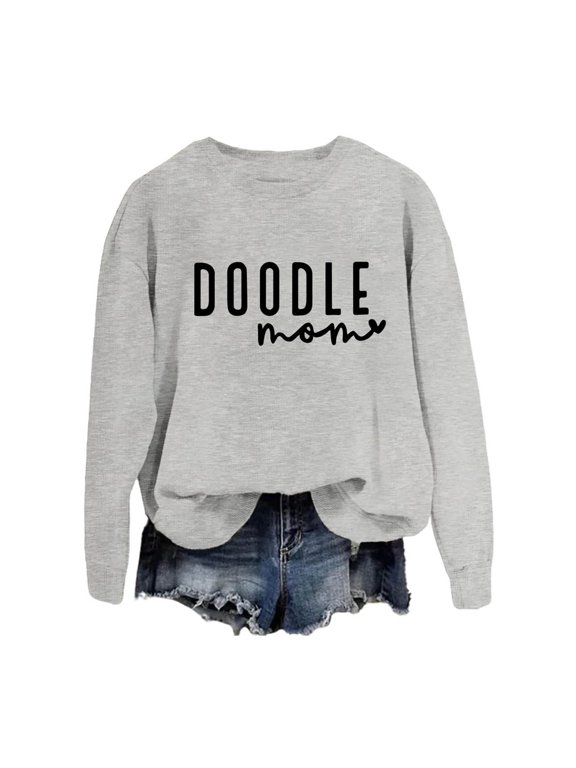 Doodle Mom Crewneck Sweatshirts Goldendoodle Mama Pullovers Funny Letter Printed Dog Mom Tops Womens Loose Comfort Casual Golden Doodle Owner Pullover Tops Grey S