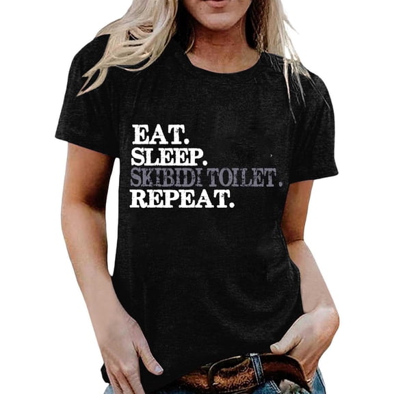 Arlun Eat Sleep Skibidi Toilet Repeat Casual Women's T Shirts Short Sleeve Crew Neck Letter Graphic Print Fashion Tees Workout Wear for Everyday Comfort and Style Black XXL