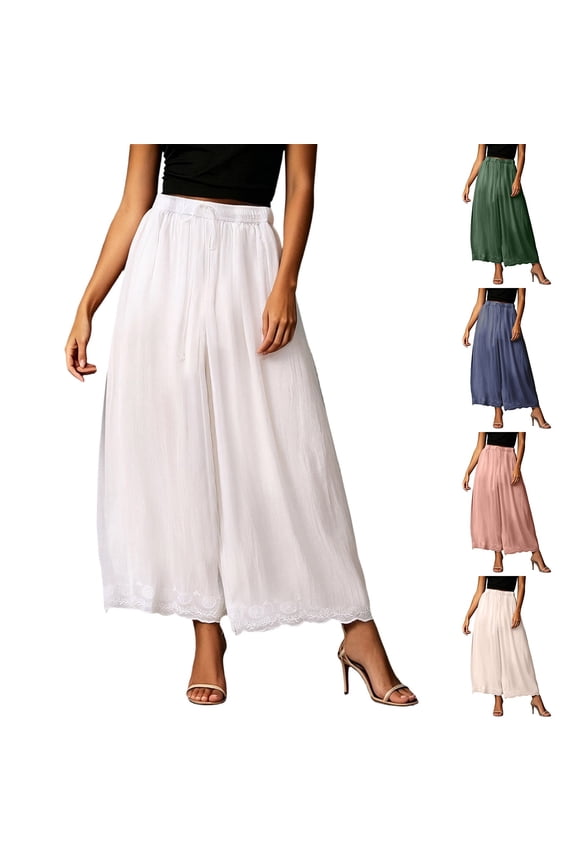 Elegant Embroidered Wide Leg Pants for Women Summer Lightweight Elastic Waist Drawstring Relaxed Fit Casual Trousers Solid Color Loose Flowy Layer Line Classical Pants 1-White XL