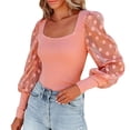 thumbnail image 1 of Arlun,Elegant Lace Splicing Long Sleeve Shirts for Women Trendy Plain Dotst Printed Sheer Puff Sleeve Fall Thin Tshirts Women's Elastic Slim Fit Soft Comfy Tops Pink XXL, 1 of 7