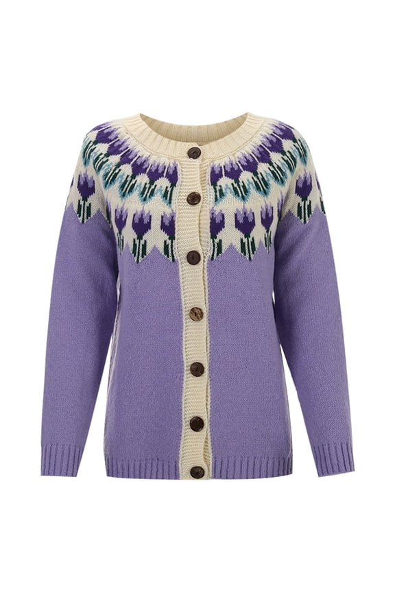 Fair Isle Cardigan Sweaters for Women Long Sleeve Loose Fit Button down Sweater Outwear Open Front Casual Soft Comfort Warm Fall Winter Knit Jackets Purple S