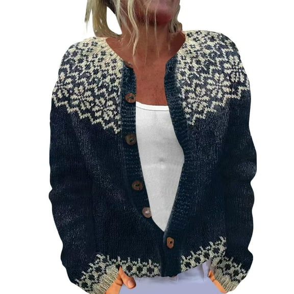 Arlun Fair Isle Sweater Cardigans for Women 2025 Winter Ethnic Vintage Argyle Button down Knit Outwear Colorful Boho Icelandic Long Sleeve Loose Winter Warm Jumpers Coat Navy M