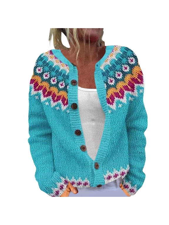 Fair Isle Sweater Cardigans for Women 2025 Winter Ethnic Vintage Argyle Button down Knit Outwear Colorful Boho Icelandic Long Sleeve Loose Winter Warm Jumpers Coat Sky Blue M