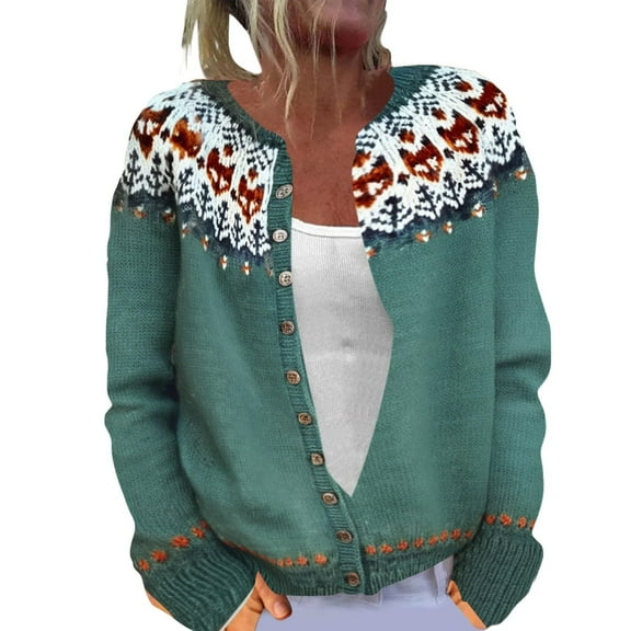 Arlun Fair Isle Sweater Cardigans for Women 2025 Winter Ethnic Vintage Argyle Button down Knit Outwear Colorful Boho Icelandic Long Sleeve Loose Winter Warm Jumpers Coat Dark Green XL