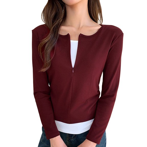 Arlun, Two Pieces Half Zipper T Shirts for Women Casual V Neck Long Sleeve Slim Fit Tops Soft Comfy Lightweight Solid Color Splicing Fall Thin Tshirts M
