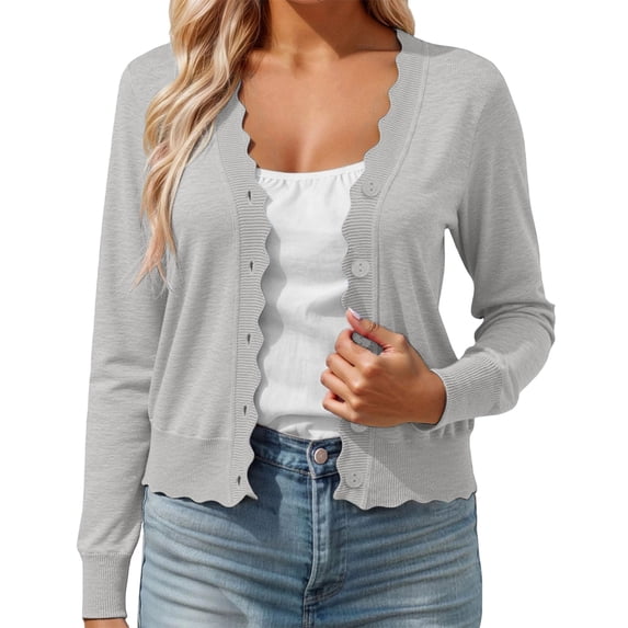 Arlun Fall Cardigans for Women Lightweight Knit Open Front Solid Color Sweater Tops Long Sleeve Button down Scalloped V-Neck Cropped Cardigan Casual Teacher Outfits