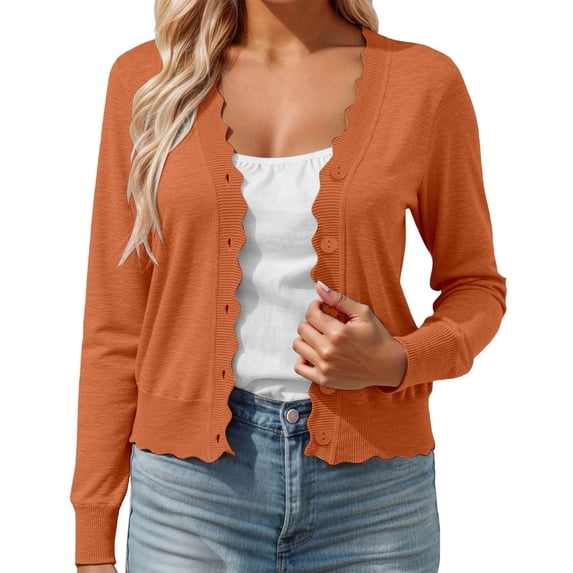 Arlun Fall Cardigans for Women Lightweight Knit Open Front Solid Color Sweater Tops Long Sleeve Button down Scalloped V-Neck Cropped Cardigan Casual Teacher Outfits