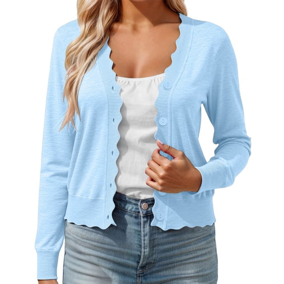 Arlun Fall Cardigans for Women Lightweight Knit Open Front Solid Color Sweater Tops Long Sleeve Button down Scalloped V-Neck Cropped Cardigan Casual Teacher Outfits