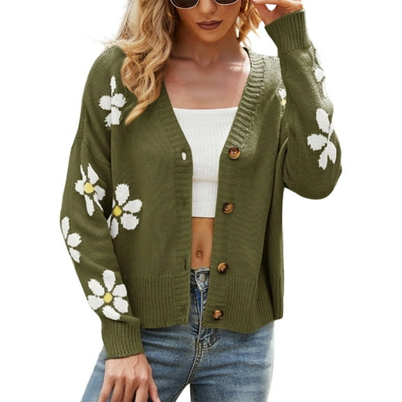Arlun Fall Cute Daisy Jacquard Knit Cardigan Sweater for Women Button up Long Sleeve Cardigans Coat Floral Knitted Long Sleeve Open Front Outwear Y2k Slouchy Thin Sweaters Green M