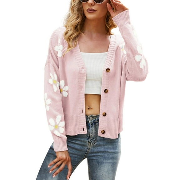 Arlun Fall Cute Daisy Jacquard Knit Cardigan Sweater for Women Button up Long Sleeve Cardigans Coat Floral Knitted Long Sleeve Open Front Outwear Y2k Slouchy Thin Sweaters Pink XL