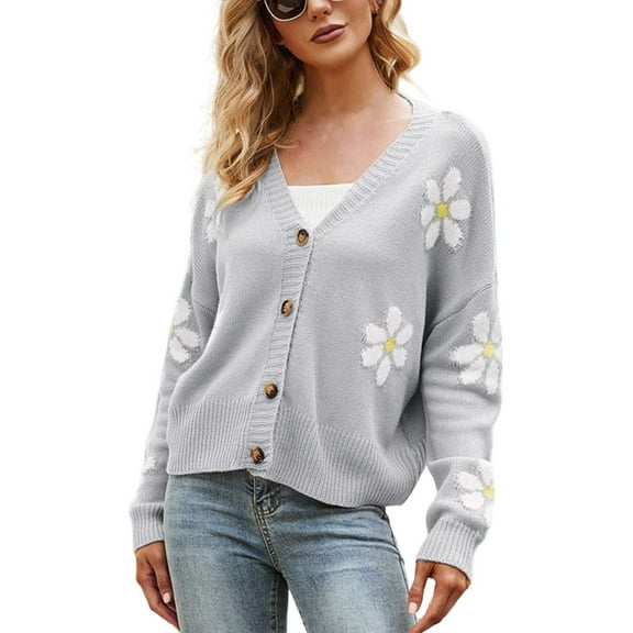 Arlun Fall Cute Daisy Jacquard Knit Cardigan Sweater for Women Button up Long Sleeve Cardigans Coat Floral Knitted Long Sleeve Open Front Outwear Y2k Slouchy Thin Sweaters Grey XL