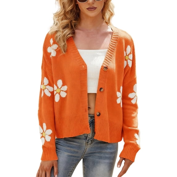 Arlun Fall Cute Daisy Jacquard Knit Cardigan Sweater for Women Button up Long Sleeve Cardigans Coat Floral Knitted Long Sleeve Open Front Outwear Y2k Slouchy Thin Sweaters Orange S