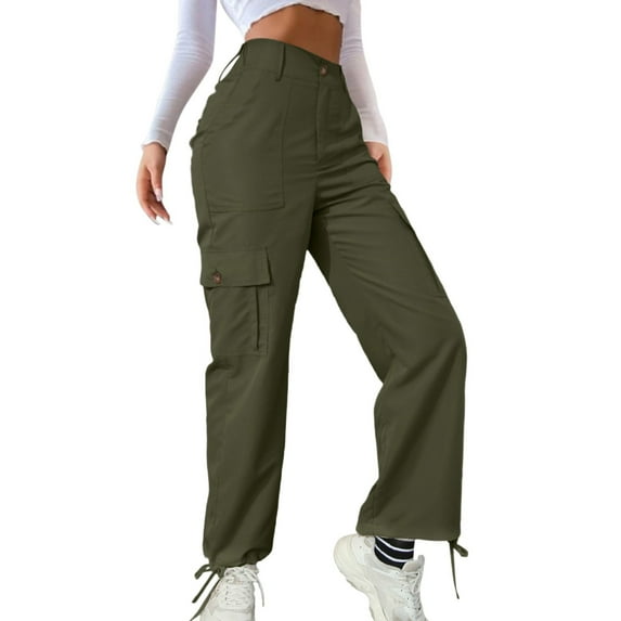 Arlun,Fall Plain Plus Size Cargo Pants for Women High Waisted Straight Leg Baggy Trousers Womens Button Closure Drawstring Cuffs Joggers Green L