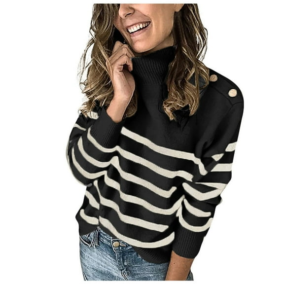 Arlun Fall Sweaters for Women 2025 Striped Turtleneck Ribbed Knit Sweater Trendy Long Sleeve Loose Pullover Jumper Winter Warm Soft Comfort Fashion Clothing Black M
