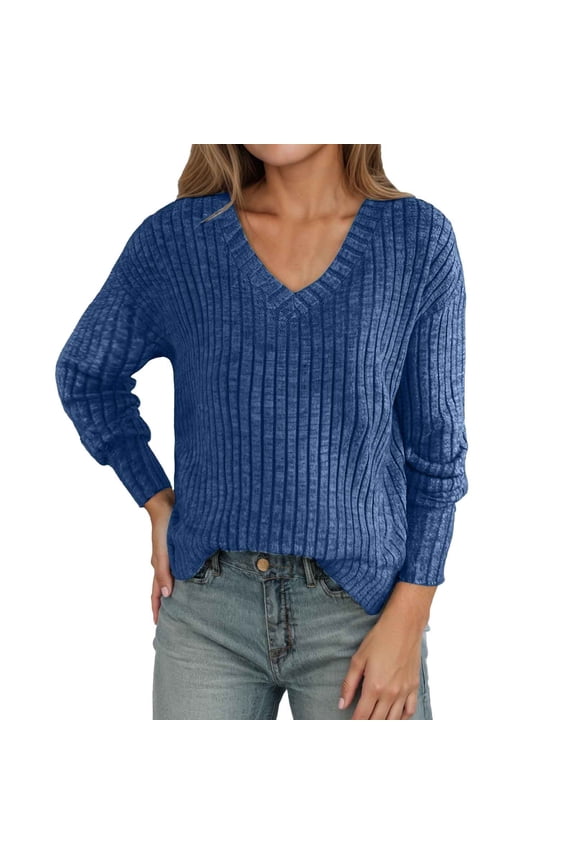 Fall Sweaters for Women V Neck Long Sleeve Casual Oversized Tops Lightweight Comfortable Solid Color Ribbing Splicing Loose Fit Pullover Sweater 2025 Blue S