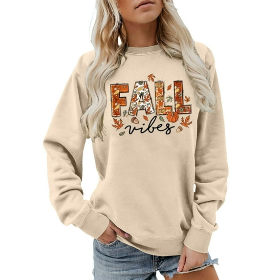 Arlun Fall Sweatshirts for Women Autumn Thanksgiving Graphic Letter Printed Crew Neck Pullover Tops Fall Winter Long Sleeve Baggy Soft Comfortable Fashion Hoodless Sweatshirt Beige M