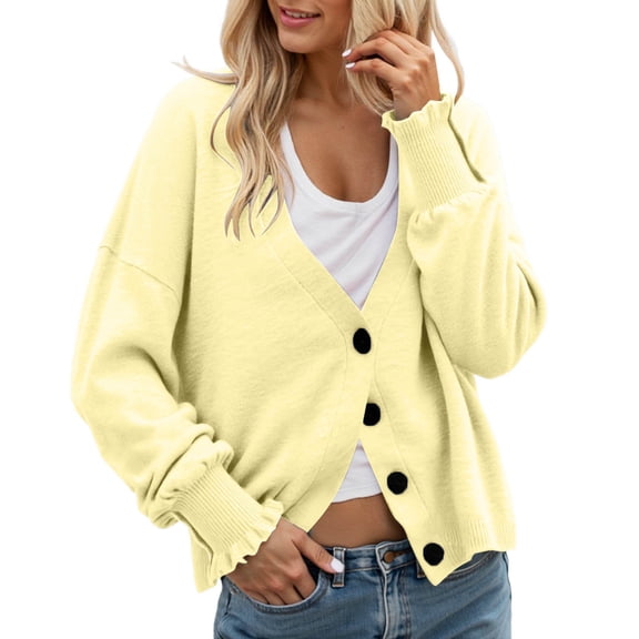 Arlun Fall Winter Cardigan Sweaters for Women Lightweight Long Sleeve Button down Thin Sweater Coats Elegant Soft Cozy Loose Drop Shoulder Cardigans Outerwear for Daily Wear Yellow M