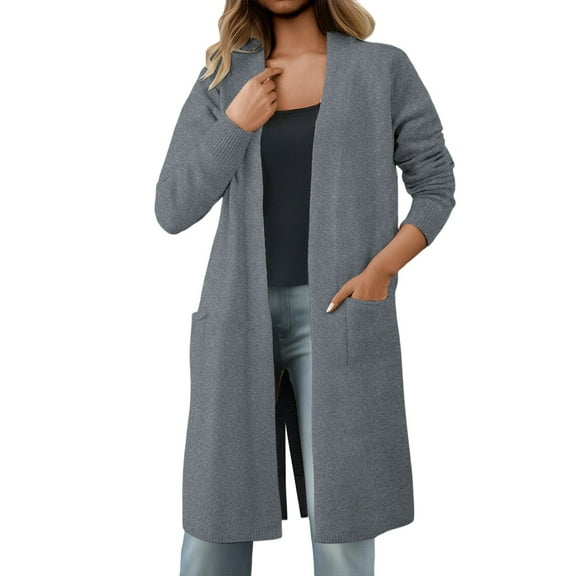 Arlun Fall Winter Elegant Cardigan Sweaters for Women Solid Color Open Front Knitted Duster Coat 2025 Fashion Loose Long Sleeve Simple Stylish Outerwear with Pockets Grey One Size