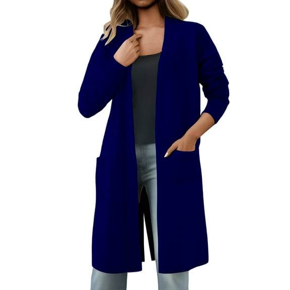 Arlun Fall Winter Elegant Cardigan Sweaters for Women Solid Color Open Front Knitted Duster Coat 2025 Fashion Loose Long Sleeve Simple Stylish Outerwear with Pockets Navy One Size