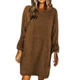 thumbnail image 1 of Arlun Fall Winter Fuzzy Sweater Mini Dress Womens Long Sleeve Crew Neck Loose Comfort Knee Length Dresses Solid Color Simple Stylish Pullover Outfits Brown XXL, 1 of 5