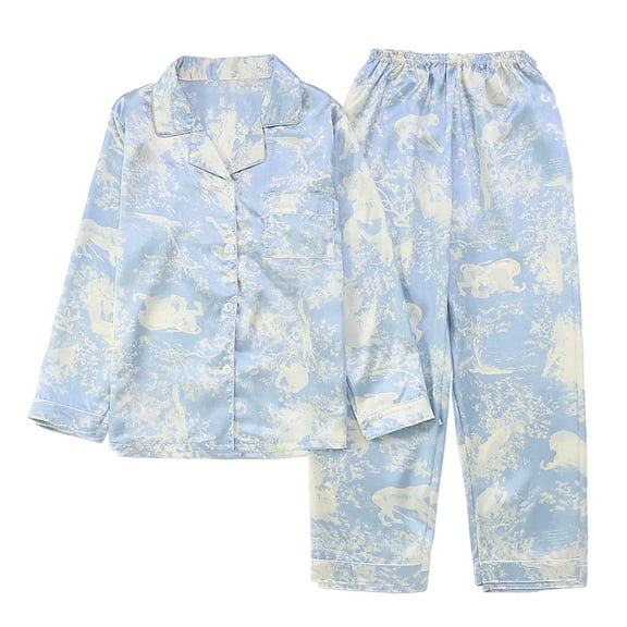 Arlun Fall Winter Lightweight Pajamas For Women Set 2025 Fashion Stripe/Plaid/Ink Painting/Heart/Floral Printed Pjs Sets Lapel Button Down Long Sleeve Trousers Thin Soft Comfy Loungewear Blue L