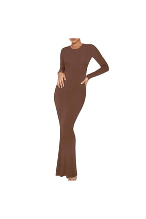 Fall Winter Maxi Sweater Dresses for Women 2025 Crew Neck Long Sleeve Bodycon Long Dress Elegant Stretch Soft Comfort Solid Color Dresses Coffee M