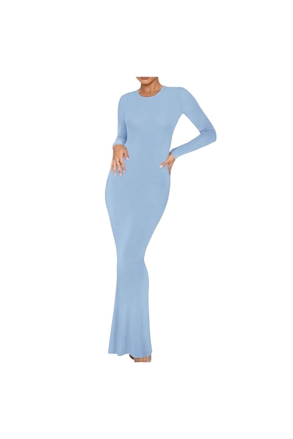 Fall Winter Maxi Sweater Dresses for Women 2025 Crew Neck Long Sleeve Bodycon Long Dress Elegant Stretch Soft Comfort Solid Color Dresses Blue XS
