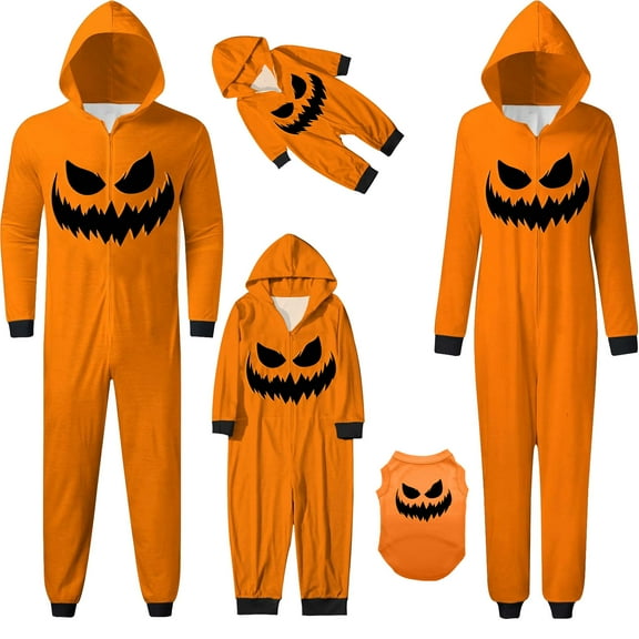 Arlun Family Matching Halloween One-Piece Pajamas Funny Pumpkin Face Printed Hooded Zipper Pjs Outfits Sets Soft Comfy Holiday Loungewear For Kids/Women/Men/Pets C Orange14 M