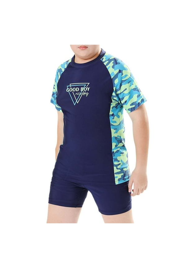 Fashion Camouflage Printed 2 Piece Swimsuits for Kid Boys Stretch Comfort Short Sleeve Tops with Swim Trunks Casual Quick-Dry Beach Pool Bathing Outfits Blue