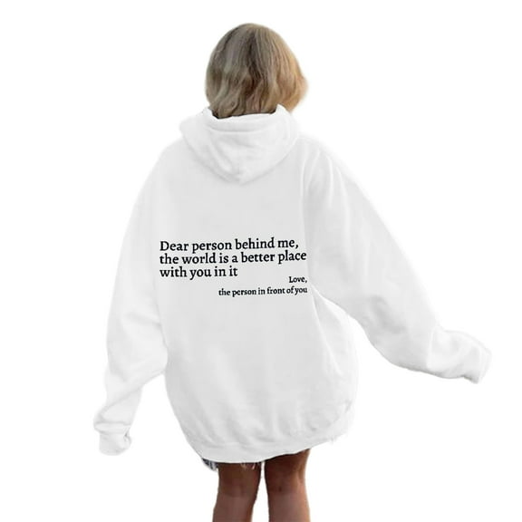 Arlun Fashion Letter Printed Hoodies for Women Loose Comfortable Long Sleeve Pullover Sweatshirt Casual Drawstring Preppy Hooded Tops with Pockets for Teen Girls White M