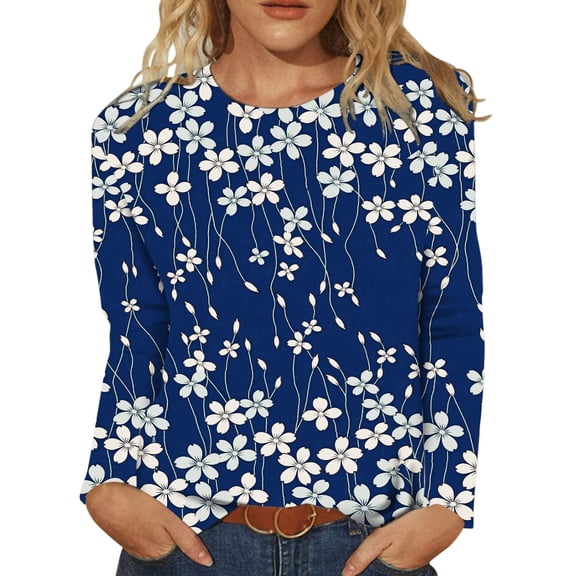 Arlun Fashion Printed Long Sleeve T Shirts for Women Dressy Casual Crew Neck Fashion Ladies Blouses Loose Soft Comfort Plus Size Tunic Tops for Early Spring Blue S