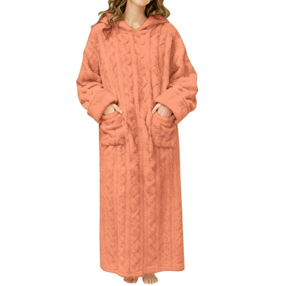 Arlun Fashion Twisted Ribbing Flannel Hooded Nightgown Fuzzy Cozy Plush Warm Winter Long Sleeve Pullover Loungewear with Pockets Pure Loose Soft Long Sleepwear Red One Size