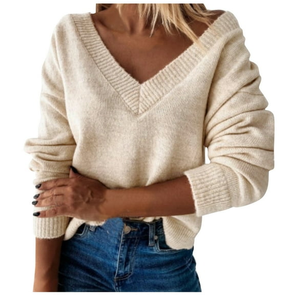 Arlun Fashion Warm Sweaters for Women V-Neck Long Sleeve Classic Soft Pullover Sweater Loose Fit Comfortable Casual Solid Color 2025 Fall Winter Tops Beige S