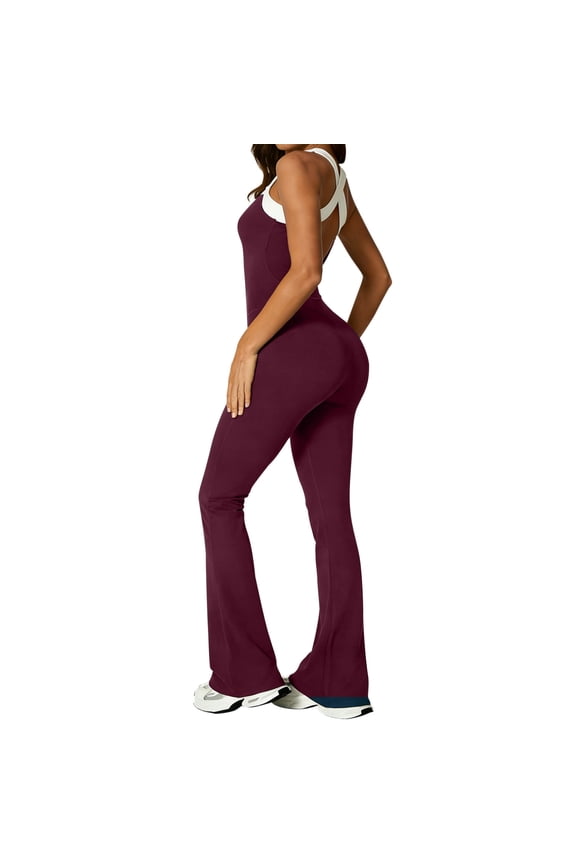 Fashion Womens Sleeveless Flared Leg Jumpsuits V-Neck Stretch Slim Fit Solid Color Tight Rompers with Back Cross Wide Straps Fashion Bodysuits for Spring/Summer Red M