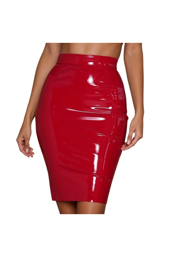 Faux Leather Bodycon Skirts for Women Fashionable High Gloss Waist Cinching Back Zipper Midi Pencil Skirt Knee Length for Party Evening Wear Red S